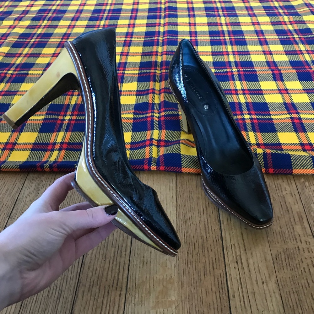 Celine Yellow Brown Black High Heels Stitching